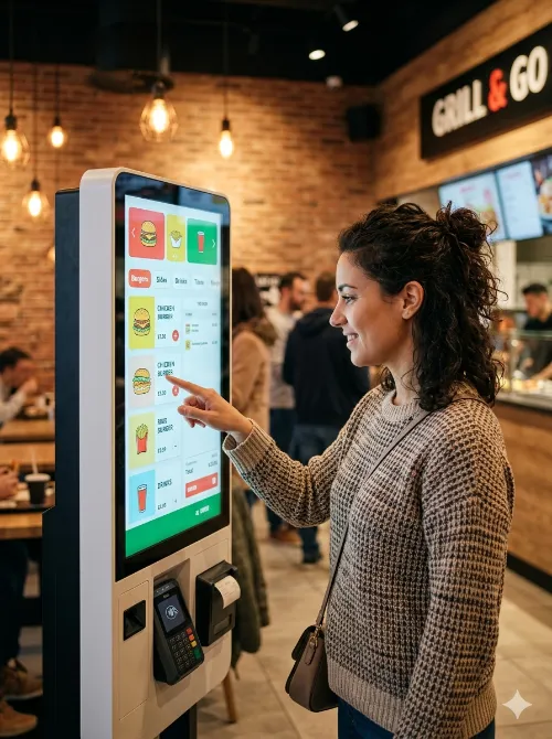 Modern self-service touchscreen kiosk in a bright fast-casual restaurant lobby